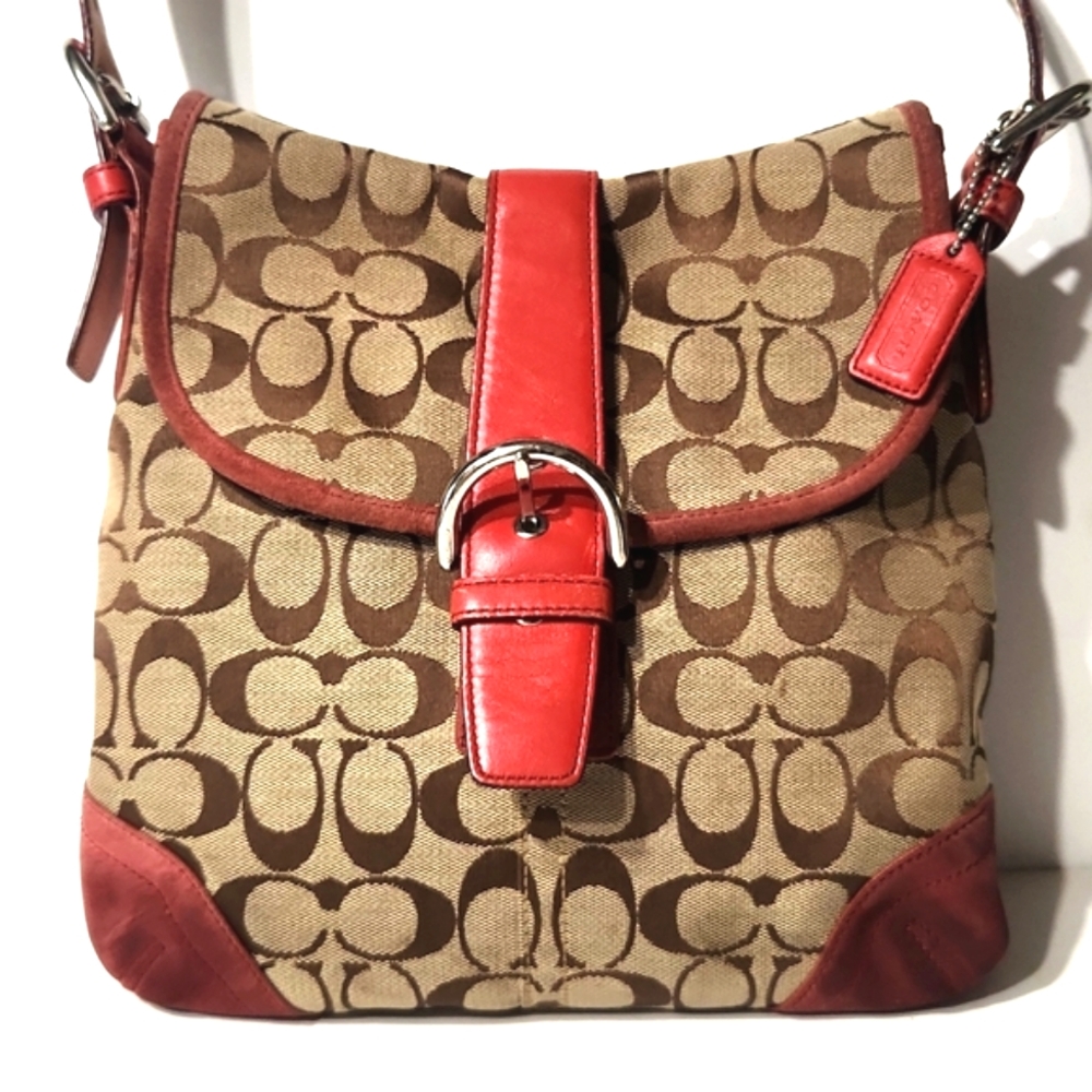 Coach Canvas Suede Signature C Red Crossbody Shoulder Bag - Picture 2 of 13